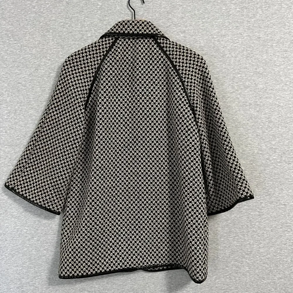 Nubby Coat Jacket Womens Medium Black White Tweed Y2K Patent Leather Trim Modern